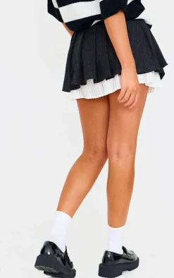 Black Pleated Textured Boucle Mini Skirt