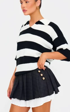 Black Pleated Textured Boucle Mini Skirt