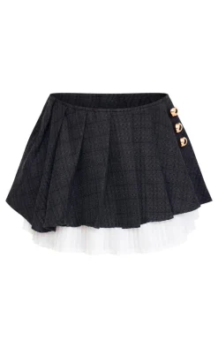 Black Pleated Textured Boucle Mini Skirt