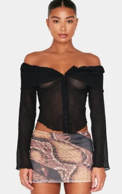 Black Plisse Chiffon Bardot Blouse