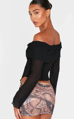 Black Plisse Chiffon Bardot Blouse