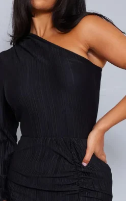 Black Plisse One Shoulder Ruched Midaxi Dress
