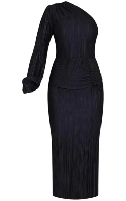 Black Plisse One Shoulder Ruched Midaxi Dress