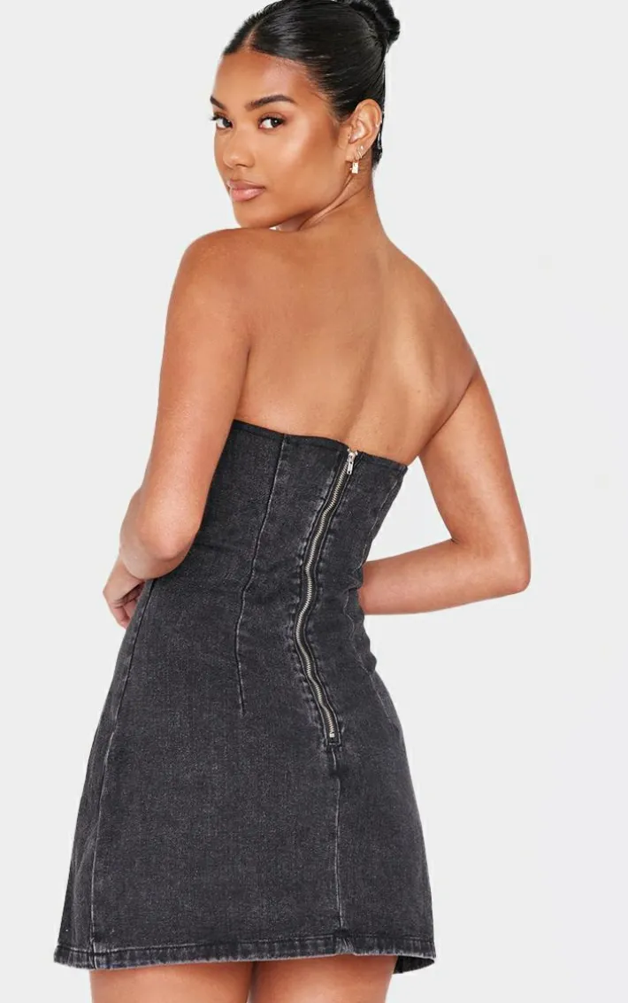 Black Plunge Detail Strapless Denim Mini Dress