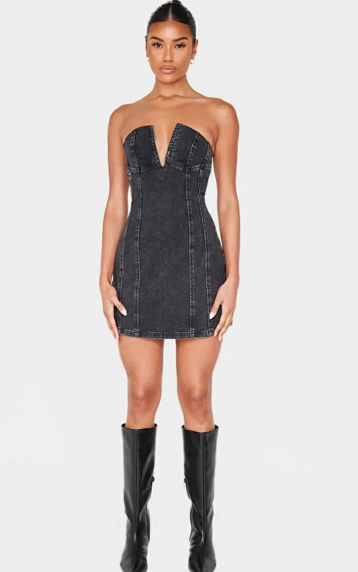 Black Plunge Detail Strapless Denim Mini Dress