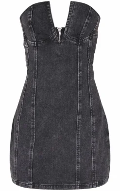 Black Plunge Detail Strapless Denim Mini Dress