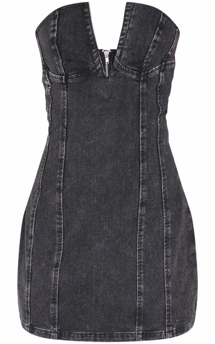 Black Plunge Detail Strapless Denim Mini Dress