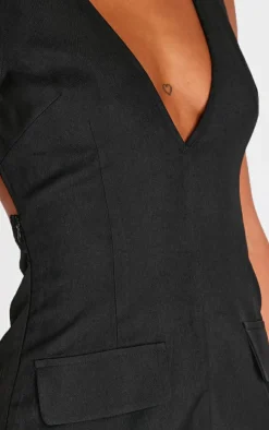 Black Plunge Pocket Detail Mini Dress