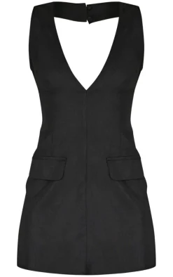 Black Plunge Pocket Detail Mini Dress