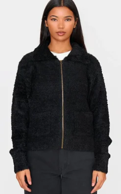 Black Pocket Detail Zip Up Knitted Jacket