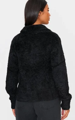 Black Pocket Detail Zip Up Knitted Jacket