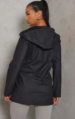Black Pocket Front Waterproof Rain Mac