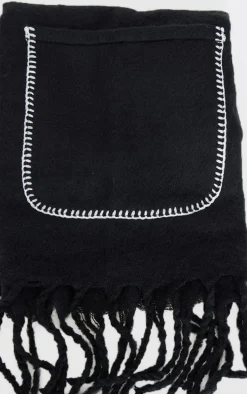 Black Pocket Stitch Detail Tassel Scarf
