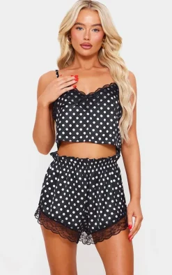 Black Polka Dot Cropped Lace Trim Satin Cami And Short Pj Set