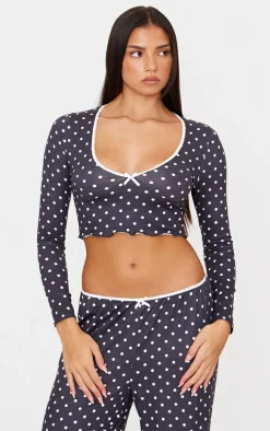 Black Polka Dot Print Long Sleeve Pj Top