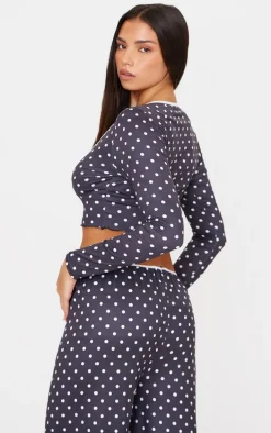 Black Polka Dot Print Long Sleeve Pj Top