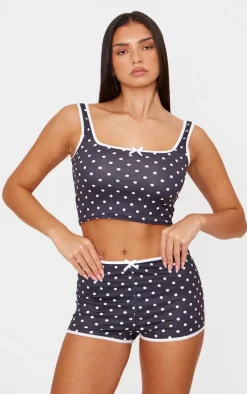 Black Polka Dot Print Vest Pj Top
