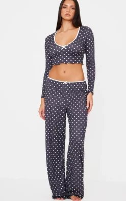 Black Polka Dot Print Wide Leg Pj Pants