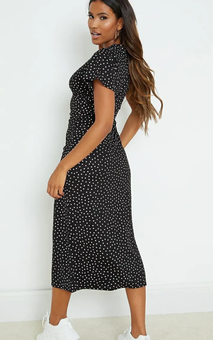 Black Polka Dot Ruched Bust Midi Dress