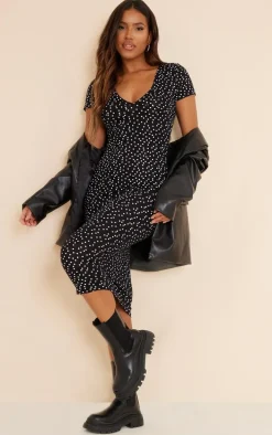 Black Polka Dot Ruched Bust Midi Dress