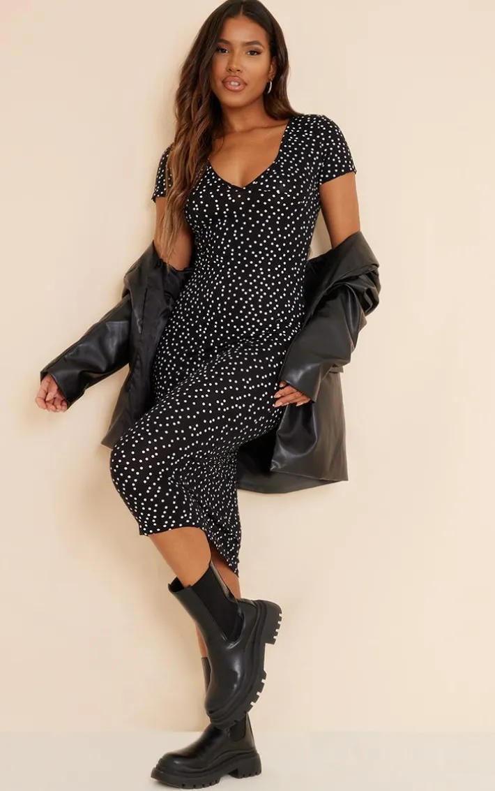 Black Polka Dot Ruched Bust Midi Dress