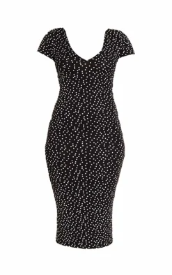 Black Polka Dot Ruched Bust Midi Dress