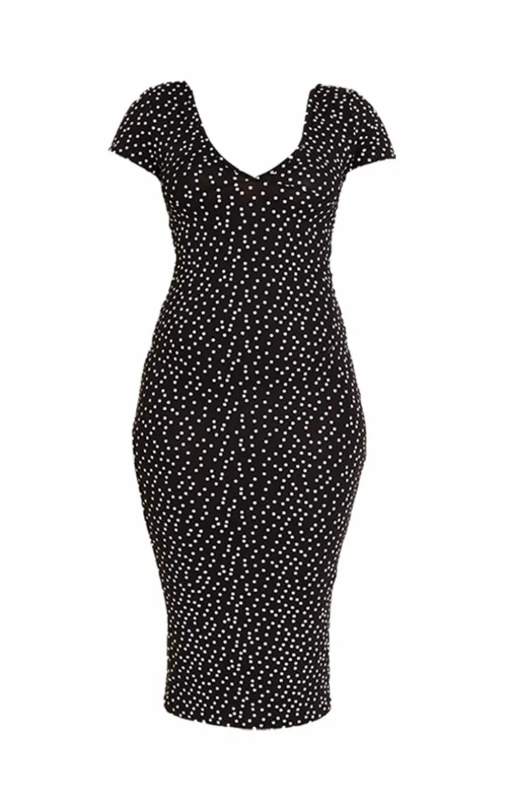 Black Polka Dot Ruched Bust Midi Dress