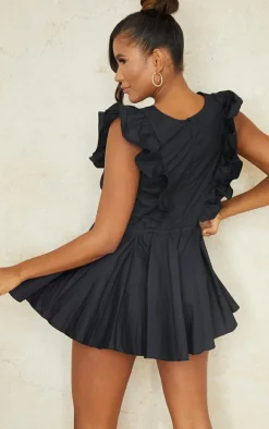 Black Poplin Button Detail Flare Short Romper