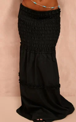 Black Poplin Shirred Dropped Waist Maxi Skirt