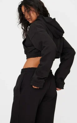 Black Premium Cropped Waistband Detail Hoodie