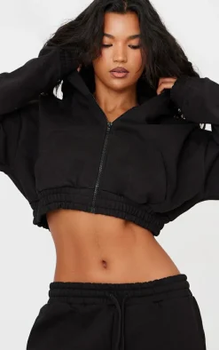 Black Premium Cropped Waistband Detail Hoodie