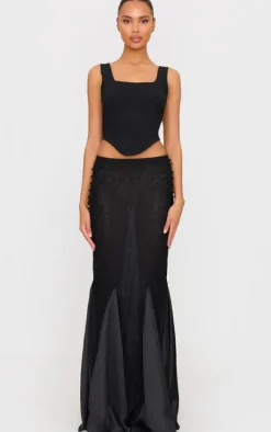 Black Premium Lace Satin Hem Detail Fishtail Maxi Skirt