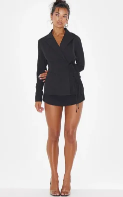 Black Premium Tailored Woven Wrap Front Romper