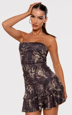 Black Print Bandeau Frill Mini Dress