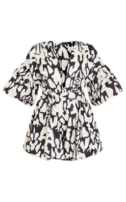 Black Print Plunge Puffball Hem Romper