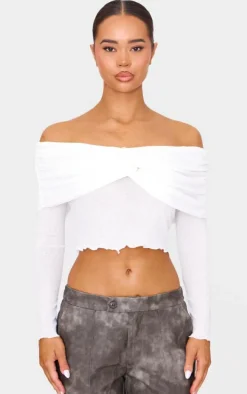 Black Printed Burnout Mesh Fold Over Twist Detail Bardot Long Sleeve Top