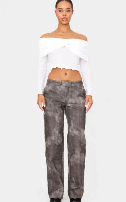 Black Printed Burnout Mesh Fold Over Twist Detail Bardot Long Sleeve Top