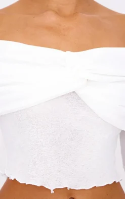 Black Printed Burnout Mesh Fold Over Twist Detail Bardot Long Sleeve Top