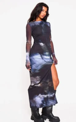 Black Printed Mesh Long Sleeve Maxi Dress