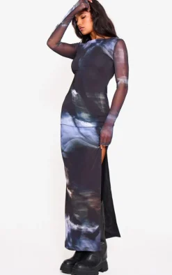 Black Printed Mesh Long Sleeve Maxi Dress