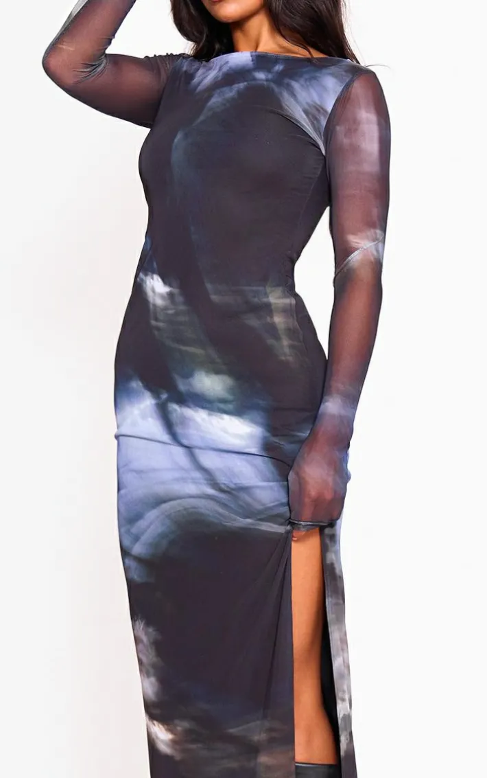 Black Printed Mesh Long Sleeve Maxi Dress