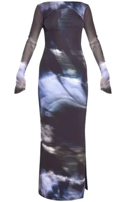 Black Printed Mesh Long Sleeve Maxi Dress