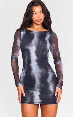 Black Printed Mesh Long Sleeve Bodycon Dress