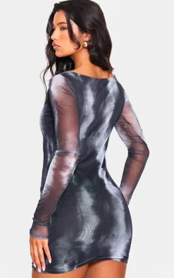 Black Printed Mesh Long Sleeve Bodycon Dress