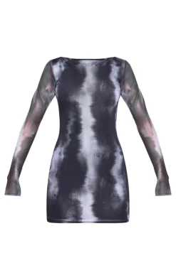 Black Printed Mesh Long Sleeve Bodycon Dress