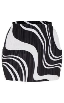 Black Printed Plisse Micro Mini Skirt