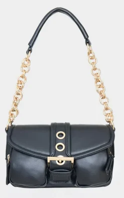 Black PU Buckle Detail Link Handle Shoulder Bag