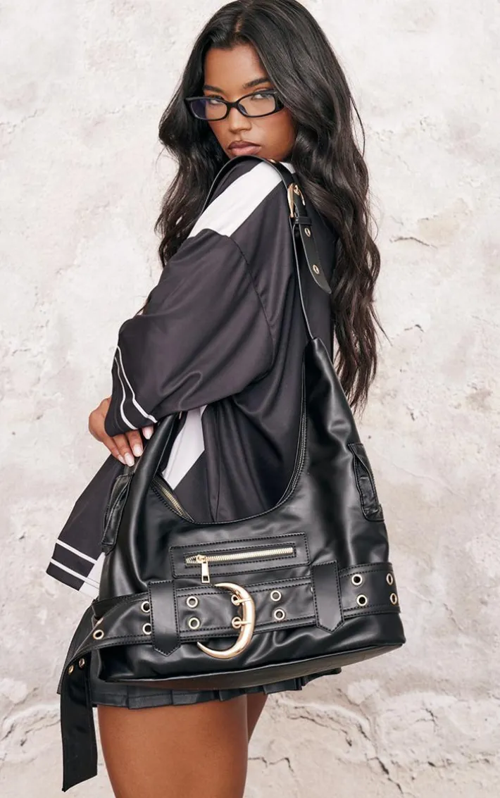 Black Pu Buckle Detail Tote Bag