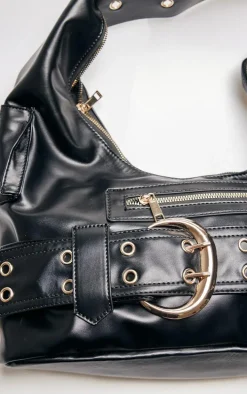 Black Pu Buckle Detail Tote Bag