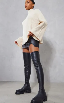 Black PU Chunky Arched Sole Over The Knee Boots
